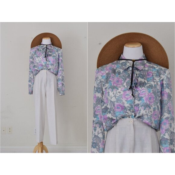 Vintage 70s Floral Paisley Pastel Secretary Blouse / Detachable Bow‎ - Picture 1 of 10